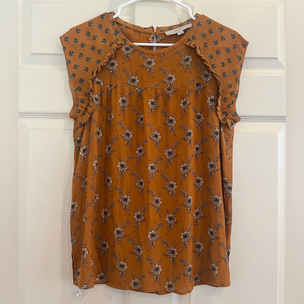 LOFT Mustard Floral Ruffle-Sleeve Top